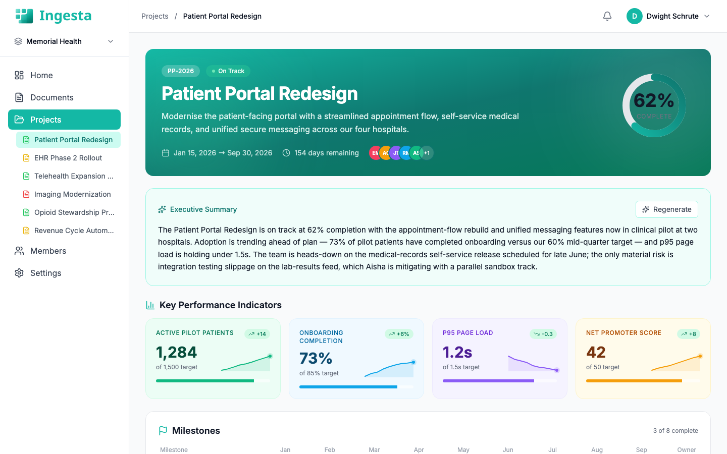 Ingesta project dashboard showing executive summary, KPIs, milestones, and risks